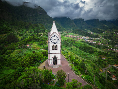 Aerial view of Capela Torre de Nossa Senhora de Fatima, Sao Vicente, Madeira, Portugal