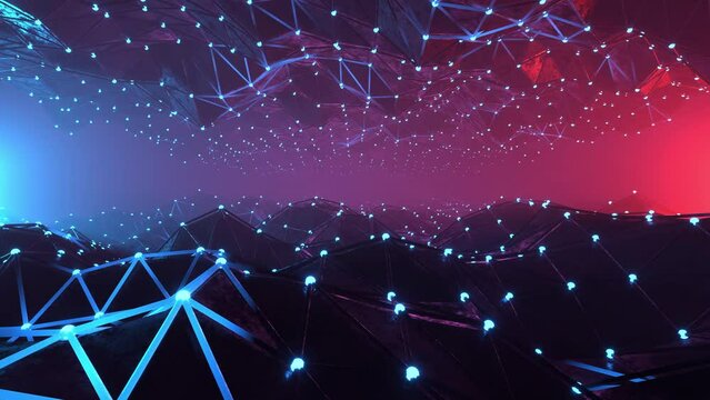 Artificial intelligence glowing wavy tunnel with loopable effect, colorful bright waves with purple, red and blue color. Infinite dimension with futuristic seamless neon loop. 3d render animation.
