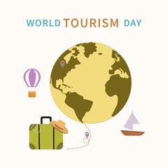 Tourism.World Tourism Day.Travel and happy family. Banner template with world tourism day concept.Travel and vacation.World tourism day poster. Holiday concept.Vector illustration for banner, poster.