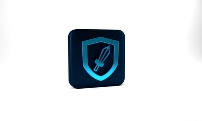 Blue Sword for game icon isolated on grey background. Blue square button. 3d illustration 3D render
