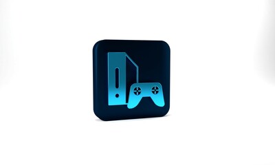 Blue Video game console with joystick icon isolated on grey background. Blue square button. 3d illustration 3D render