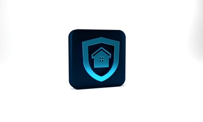 Blue House with shield icon isolated on grey background. Insurance concept. Security, safety, protection, protect concept. Blue square button. 3d illustration 3D render