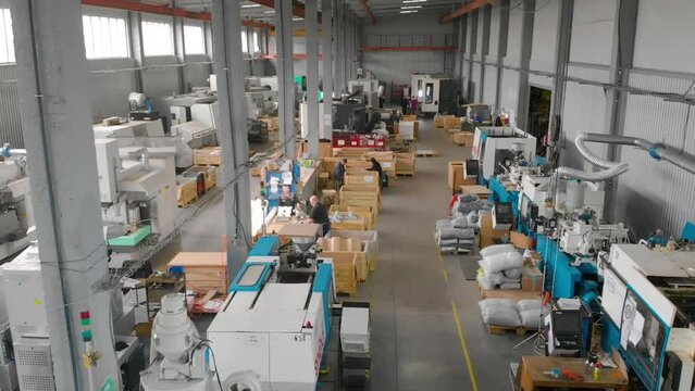 Production workshop general plan. Span in a large workshop with machine tools. Industrial interior of a modern factory