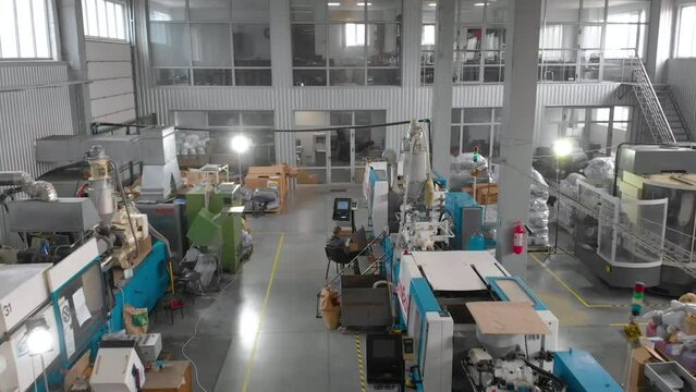 Production workshop general plan. Span in a large workshop with machine tools. Industrial interior of a modern factory