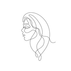 Woman with long hair abstract portrait, continuous line drawing, face of the girl is a single line on a white background,  Vector illustration. Tattoo, print and logo design for a spa or beauty salon.
