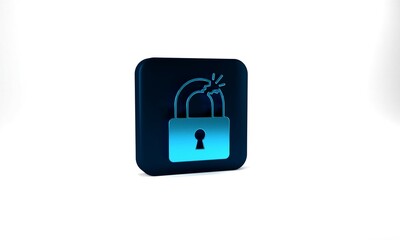 Blue Broken or cracked lock icon isolated on grey background. Unlock sign. Blue square button. 3d illustration 3D render