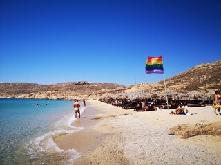 Greece, Cyclades Islands, Mykonos -2020 August 25th - Tropical LGBT beach in Mykonos Island, Elia beach - obrazy, fototapety, plakaty
