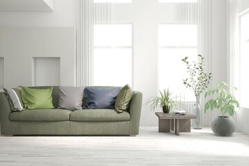 White living room with sofa. Scandinavian interior design. 3D illustration