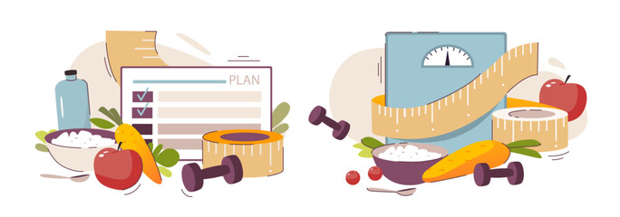 Nutritionist concept. Weight loss program and diet plan. Diet therapy with healthy food and physical activity. Flat vector illustration