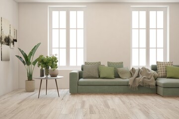 White living room with sofa. Scandinavian interior design. 3D illustration