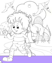 Fototapeta na wymiar kids color page. Cute cartoon with mountain and Dinosaur coloring pages for boys and girls,