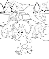 kids color page. Cute cartoon with mountain and Dinosaur coloring pages for boys and girls,