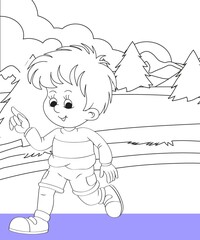 kids color page. Cute cartoon with mountain and Dinosaur coloring pages for boys and girls,