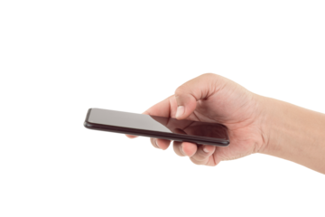 Man hand using thumb touching smartphone screen on transparent background, Png file	
