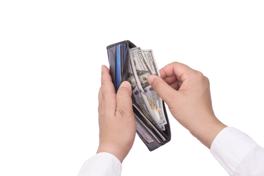 High angle view of man hand taking 100 dollar bills from black leather wallet on transparent background, Png file - Powered by Adobe