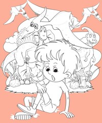 kids color page. Cute cartoon with mountain and Dinosaur coloring pages for boys and girls,