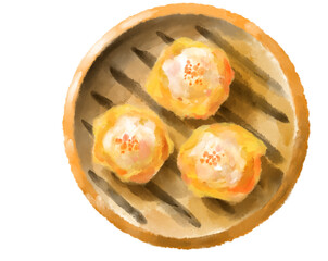 Chinese food steamed basket pork shrimp dumpling dim sum watercolor painting illustration