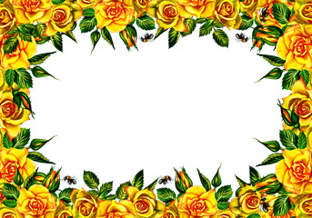 Roses are yellow. Floral frame. Watercolor illustration. For wedding, greeting and invitation cards watercolor design.