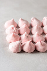 French Dessert Merengue Prepared from Whipped with Sugar Berry and Baked Eggs Gray Background Vertical