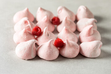 Sweet Homemade Raspberry Merengue on Gray Background Tasty Dessert Horizontal