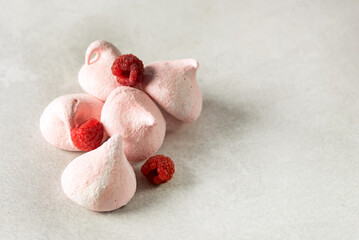 Sweet Homemade Raspberry Merengue on Gray Background Tasty Dessert Horizontal Copy Space