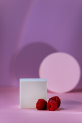 Geometric Podium for Product Demonstration and Raspberry on Pink Background with Shadow Stands for...