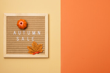 Seasonal Sale Shopping Concept Autumn Sale Letterboard with Message Autumn Sale Fake Pumpkin Yellow...