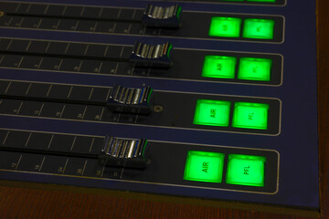 audio video tele timeline with buttons indicators toggle switches close-up with beautiful defocus....