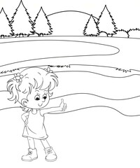 kids color page. Cute cartoon with mountain and Dinosaur coloring pages for boys and girls,