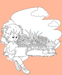 kids color page. Cute cartoon with mountain and Dinosaur coloring pages for boys and girls,