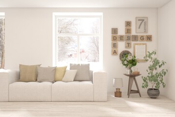 White living room with sofa and winter landscape in window. Scandinavian interior design. 3D illustration