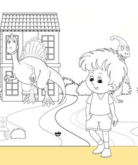 kids color page. Cute cartoon with mountain and Dinosaur coloring pages for boys and girls,