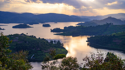 Beautiful colorful sunset at Lake Bunyonyi, cloudy sky