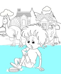 kids color page. Cute cartoon with mountain and Dinosaur coloring pages for boys and girls,