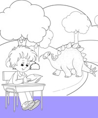 kids color page. Cute cartoon with mountain and Dinosaur coloring pages for boys and girls,