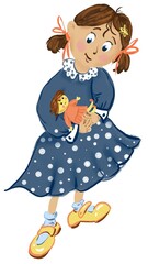 A little girl is holding a doll in her hands. Сartoon character of a cute girl child is playing with toys. Caring in the family game