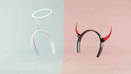 3d rendering, 3d illustration, angel and devil headband on different color background, comparison symbol