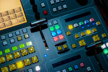 audio video tele timeline with buttons indicators toggle switches close-up with beautiful defocus....