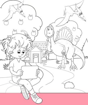 kids color page. Cute cartoon with mountain and Dinosaur coloring pages for boys and girls,