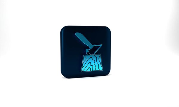 Blue Wooden axe in stump icon isolated on grey background. Lumberjack axe. Axe stuck in wood. Chopping wood. Blue square button. 3d illustration 3D render