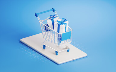 Shopping cart on the mobile phone, 3d rendering.