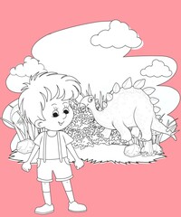 kids color page. Cute cartoon with mountain and Dinosaur coloring pages for boys and girls,