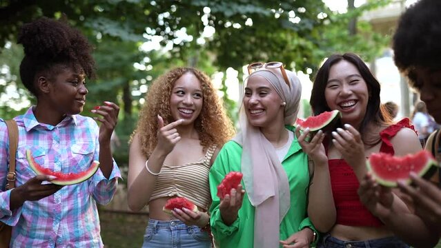 group of diverse friends eat watermelon in the park picpic