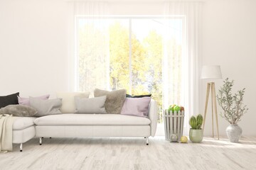 Fototapeta premium Stylish room in white color with sofa and autumn landscape in window. Scandinavian interior design. 3D illustration