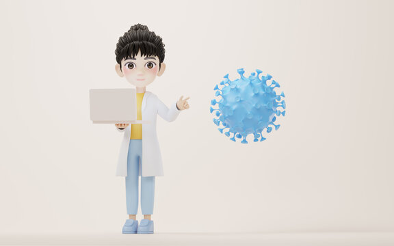 3D cartoon female researcher and virus, 3d rendering.