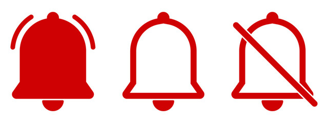 red notification bell vector icon on white