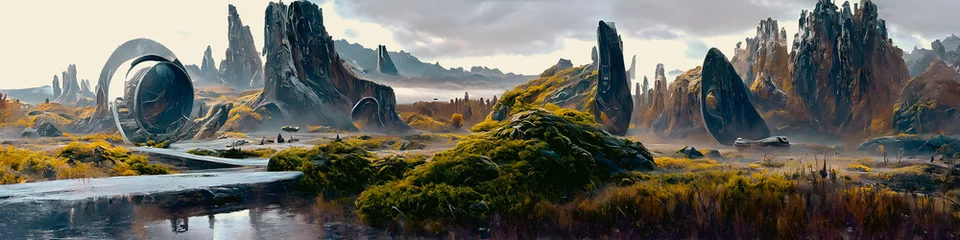 Zelfklevend Fotobehang Artistic concept painting of a beautiful sci-fi landscape, with a future thing in the background. Tender and dreamy design, background illustration. © 4K_Heaven