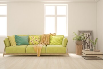 Fototapeta premium White living room with sofa. Scandinavian interior design. 3D illustration