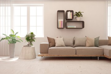 Fototapeta premium White living room with sofa. Scandinavian interior design. 3D illustration