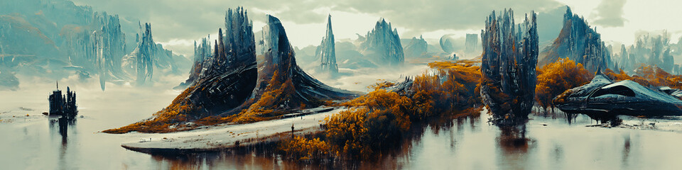 Artistic concept painting of a beautiful sci-fi landscape, with a future thing in the background. Tender and dreamy design, background illustration.